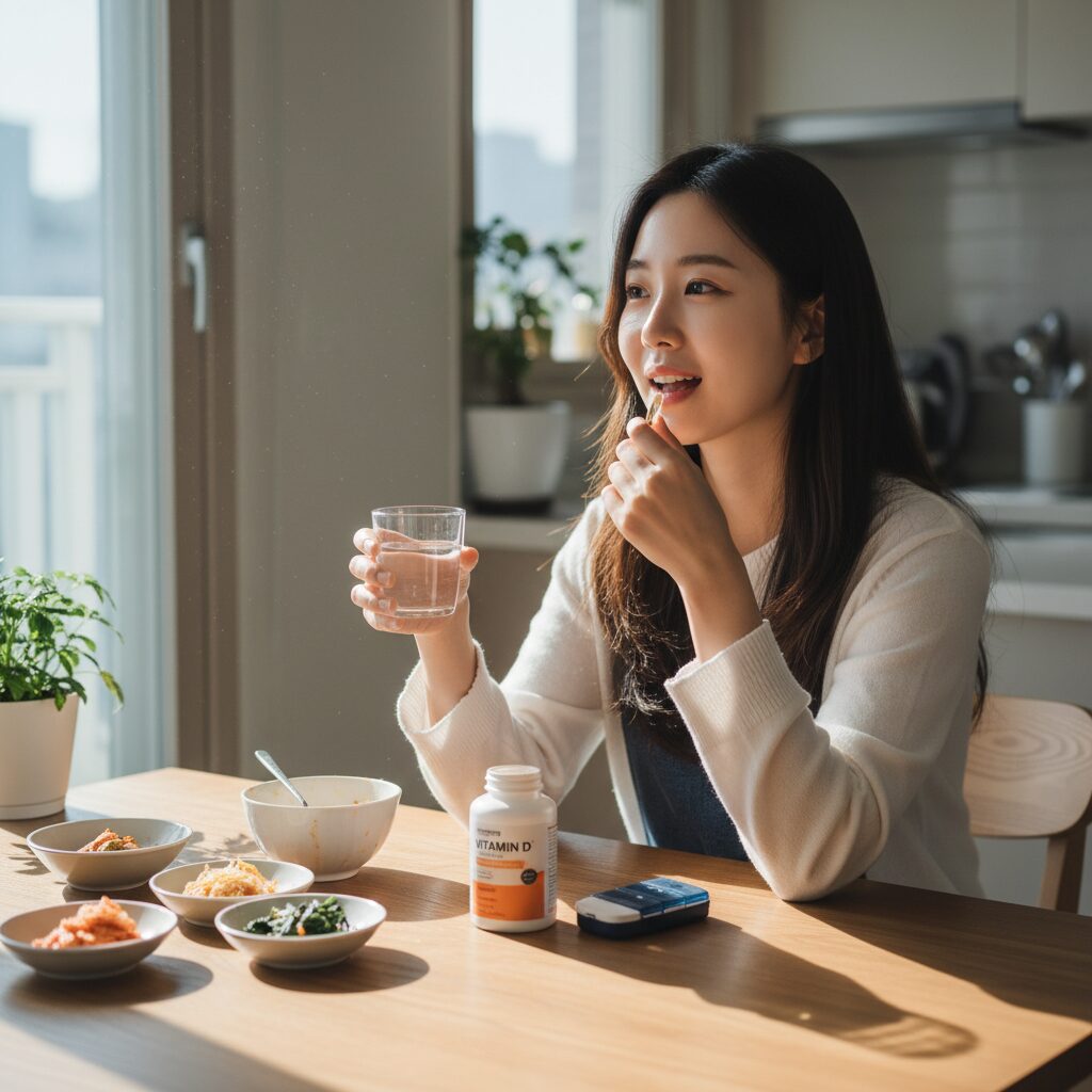 식사 후 비타민D 영양제를 복용하는 일상 루틴