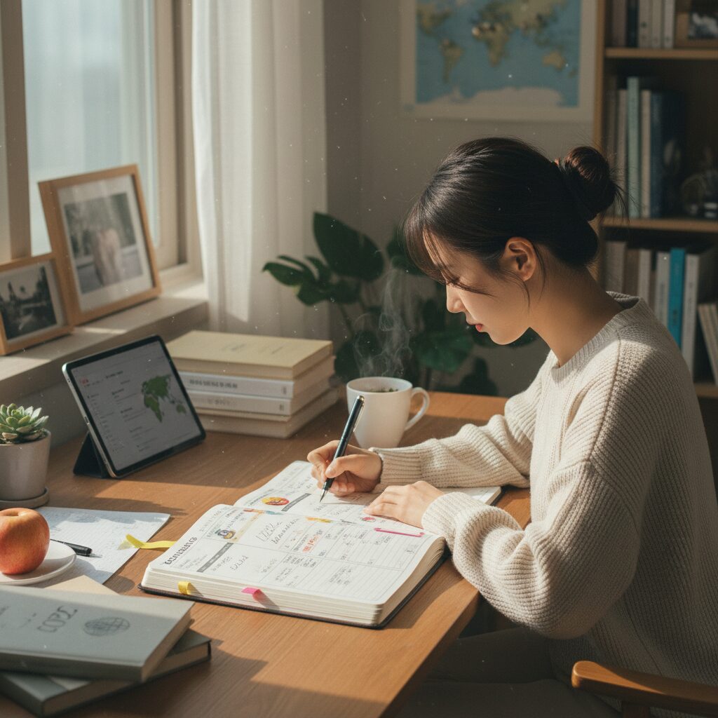 2026년을 준비하는 젊은 여성이 플래너를 작성하는 모습