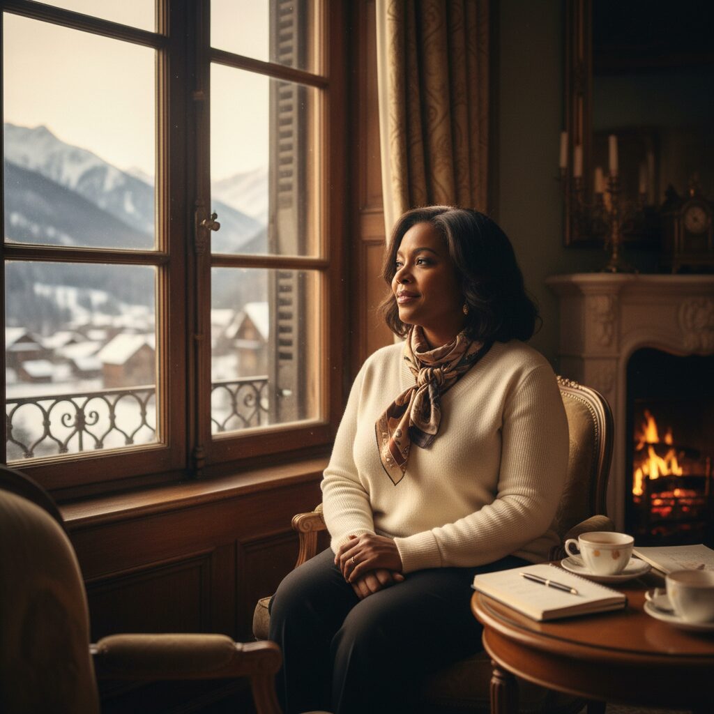 라스트 홀리데이 영화에서 조지아가 창가에 앉아 인생을 생각하며 미소 짓는 장면