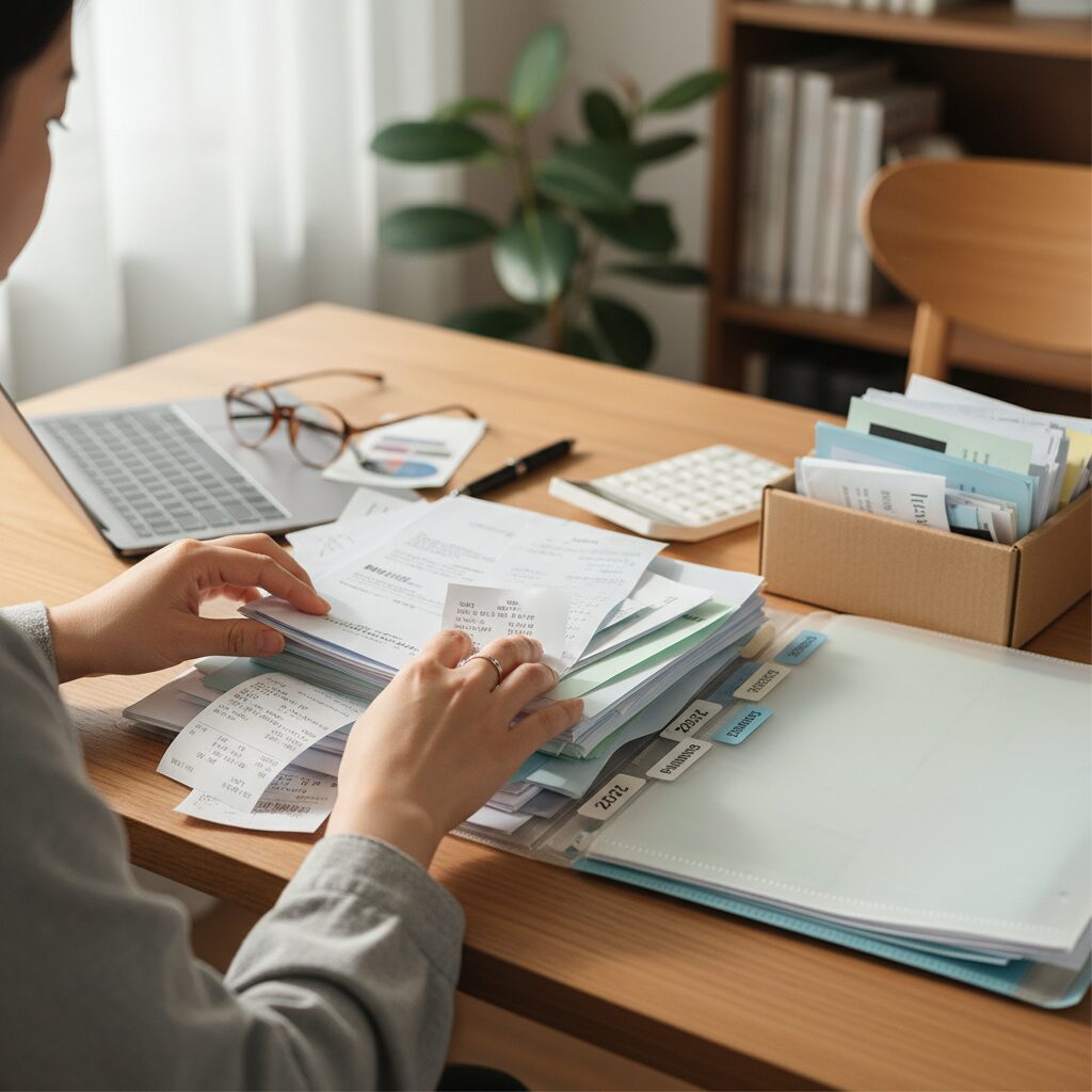 의료비 영수증 모아서 정리하는 모습