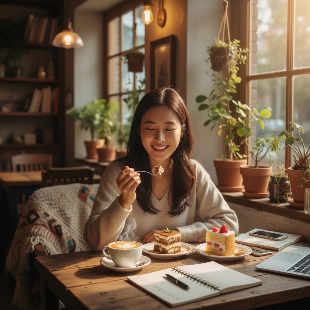 목표 달성 후 커피와 디저트로 자신을 보상하는 모습