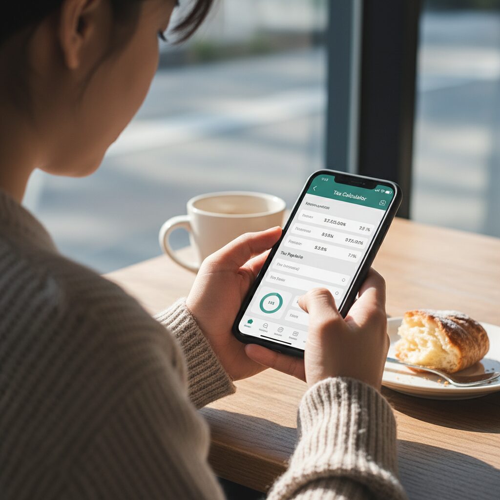 스마트폰으로 세금 계산기 앱을 확인하는 모습