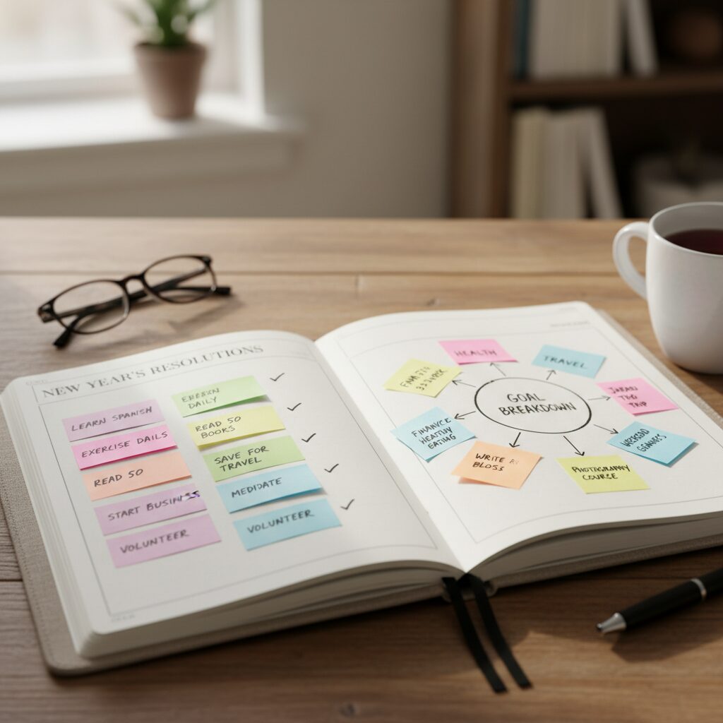 다이어리와 포스트잇으로 시각화된 새해 목표 계획표