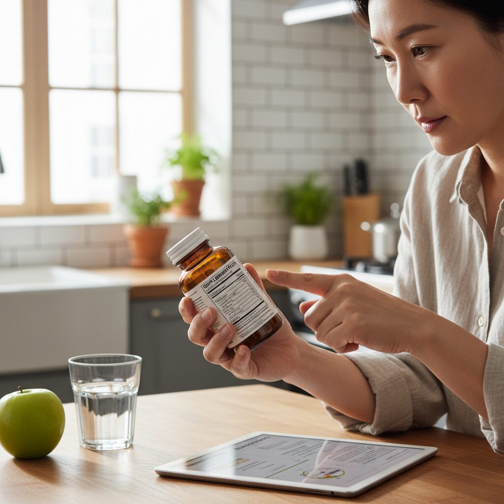 비타민D 영양제 성분표와 함량을 확인하는 모습