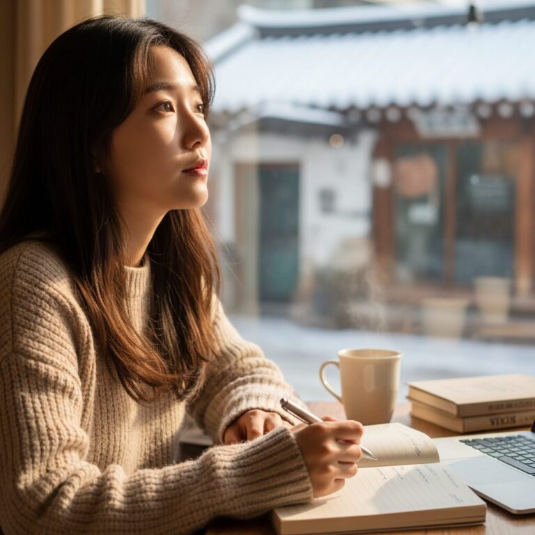 새해 목표를 적는 이유를 생각하는 여성