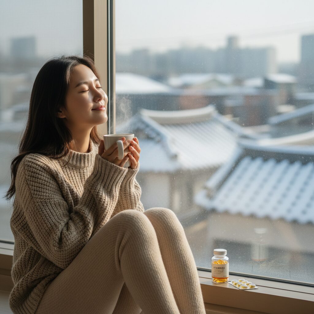 겨울철 창가에서 햇빛을 받는 모습과 비타민D 영양제