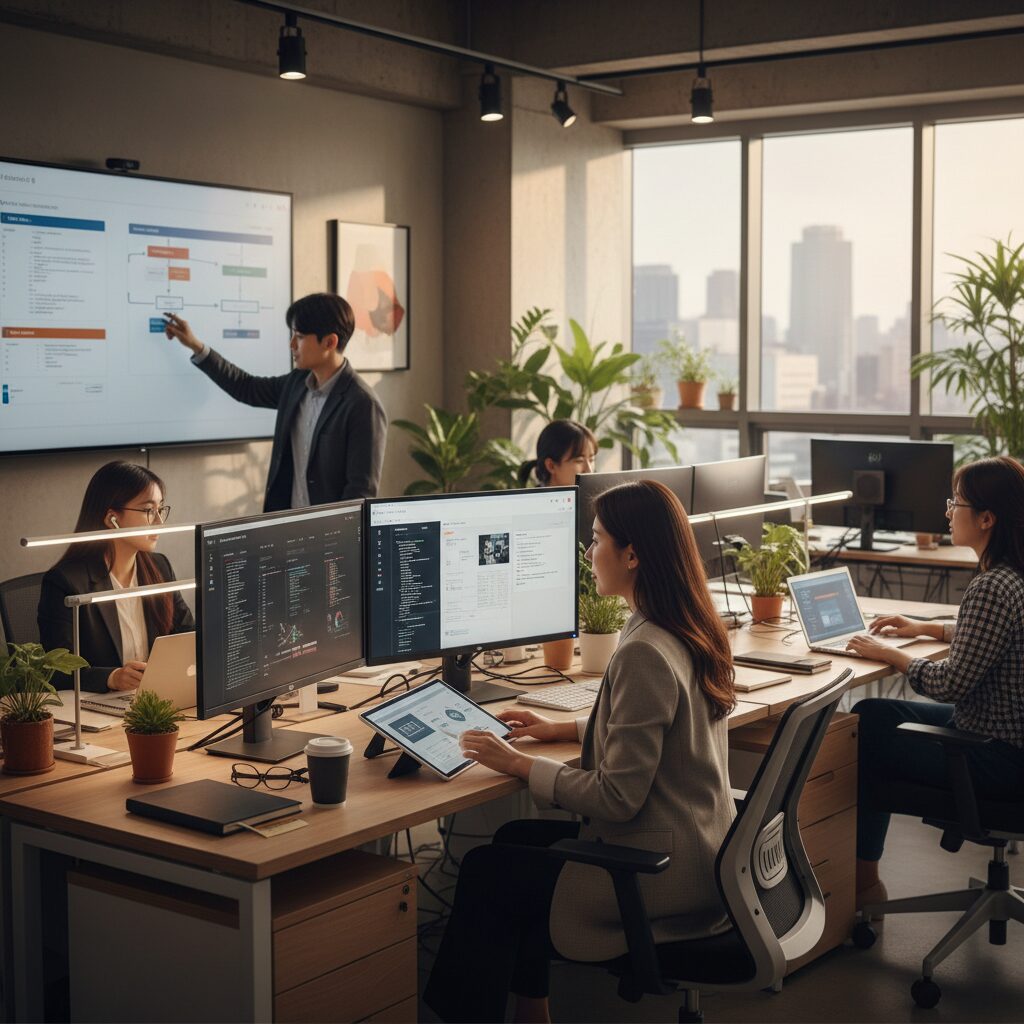 현대적인 오피스에서 젊은 직장인들이 AI 도구와 인간이 협업하며 일하는 모습
