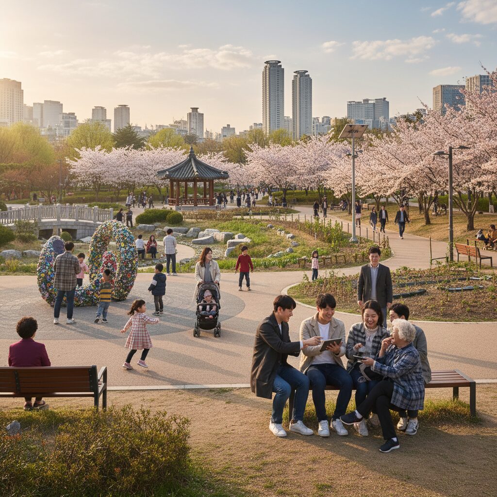다양한 세대가 함께 어울리는 도시 공원의 모습 청년 노인 아이들이 함께함