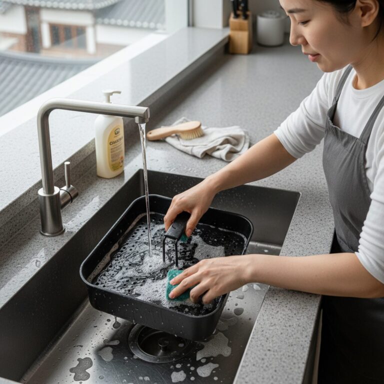 에어프라이어 바스켓과 트레이를 따뜻한 물에 담가 두는 모습