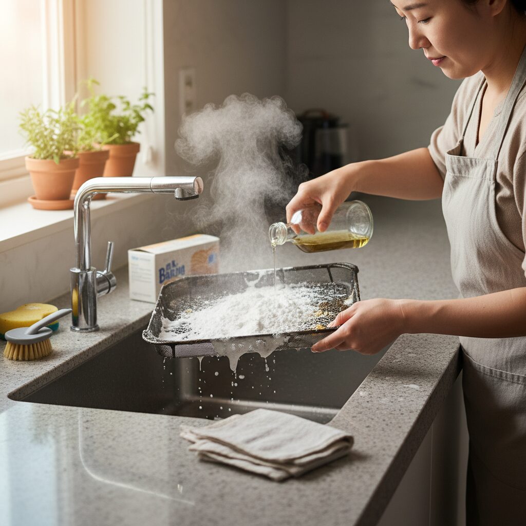 베이킹소다와 식초를 이용해 에어프라이어 부품 청소하는 과정