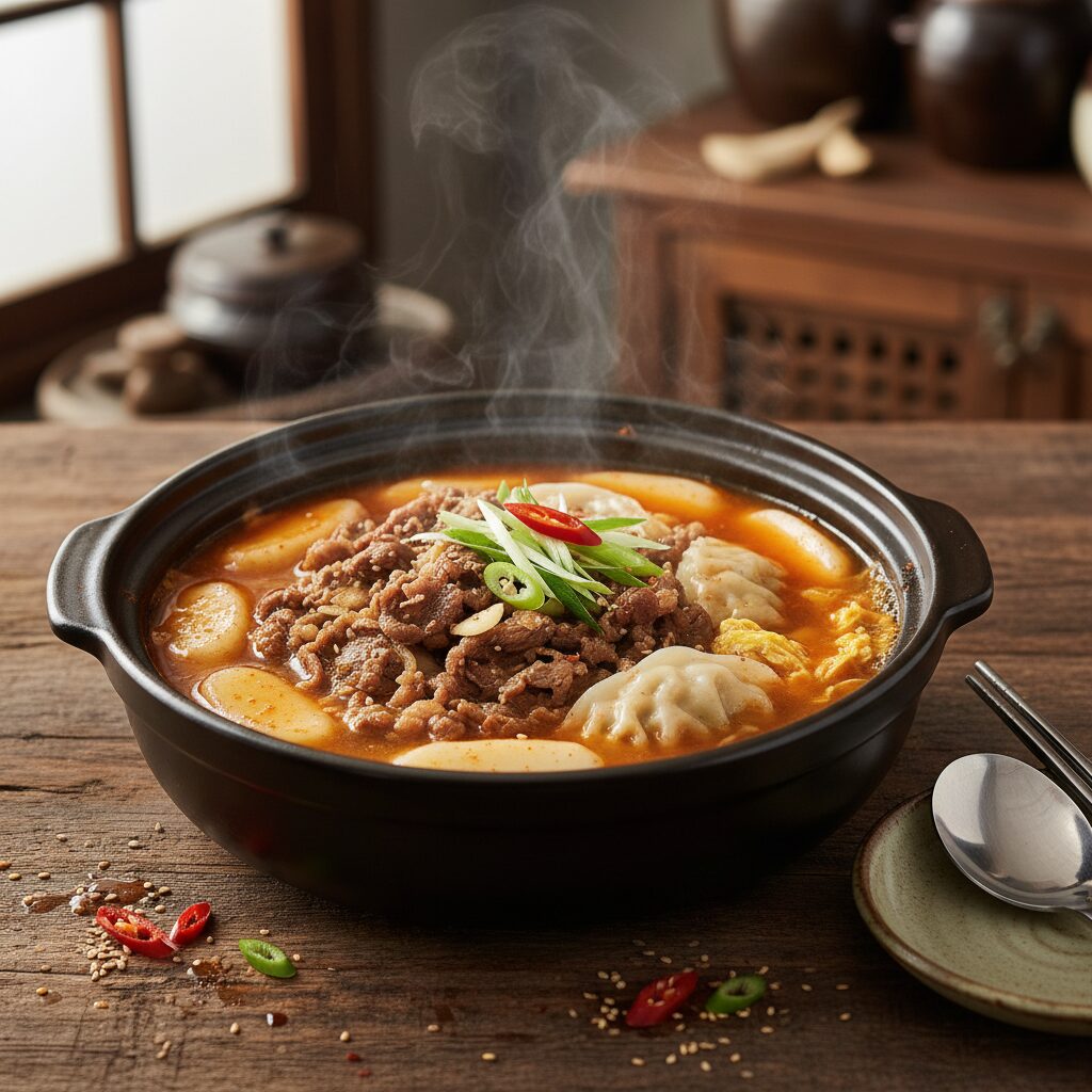 불고기 소고기로 볶아 끓인 떡국 냄비에 떡과 만두가 들어있는 모습