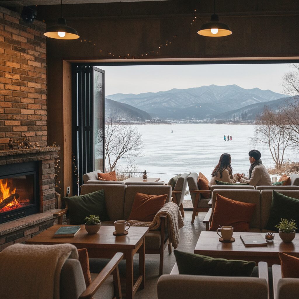 겨울 카페 인테리어와 창밖의 탁 트인 호수 전망