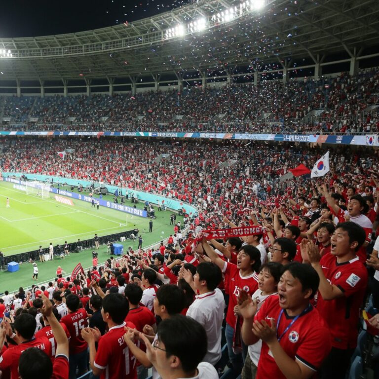 축구 경기를 관람하며 환호하는 팬들의 모습