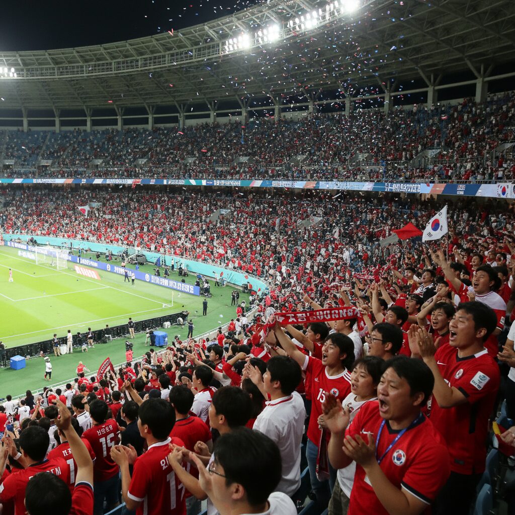 축구 경기를 관람하며 환호하는 팬들의 모습