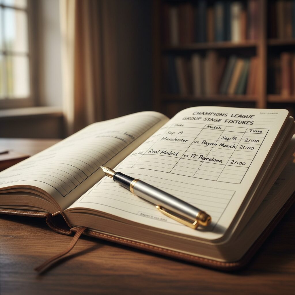 챔피언스리그 조별리그 일정표가 적힌 다이어리와 펜