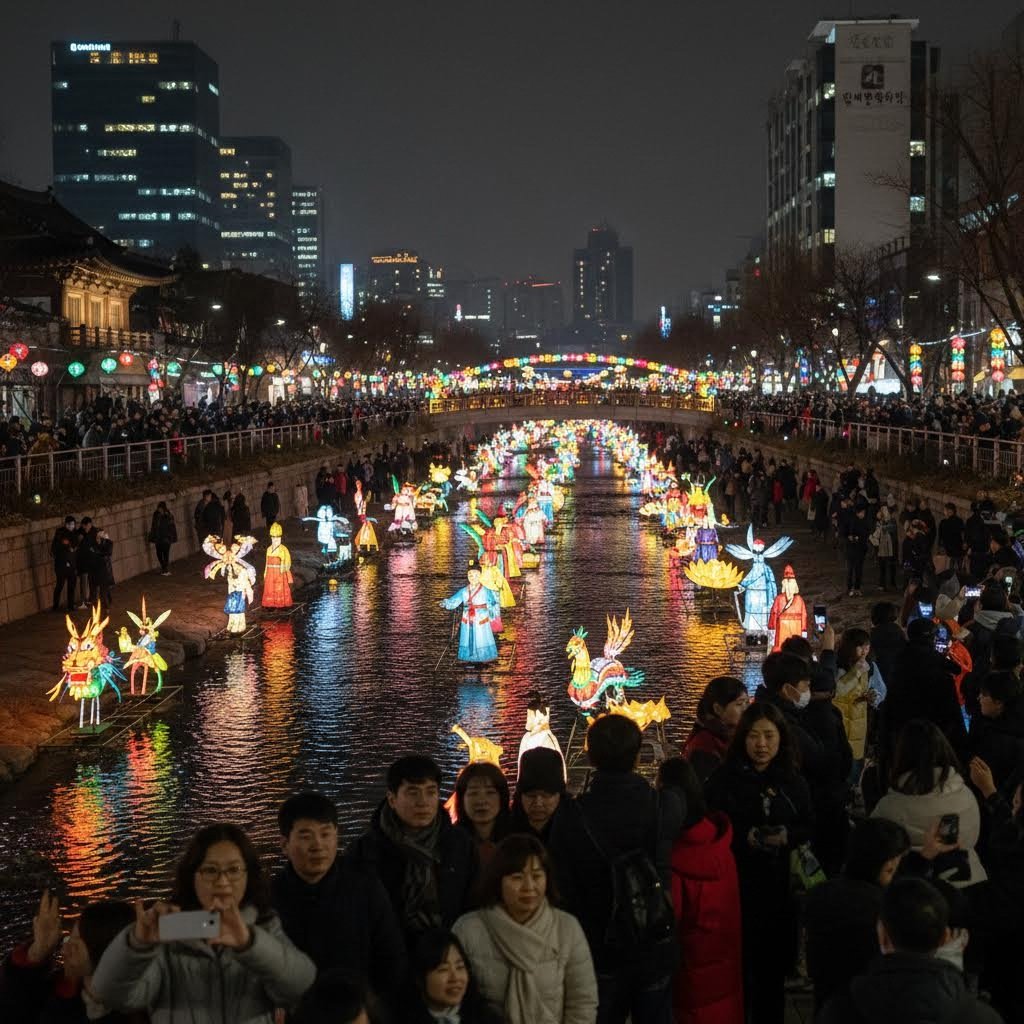 청계천 빛초롱축제를 구경하는 사람들 야경