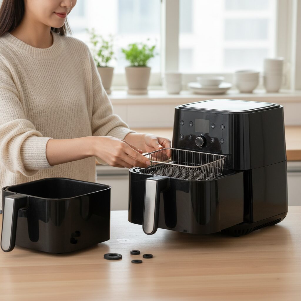 청소 후 완전히 건조된 에어프라이어를 조립해 보관하는 모습