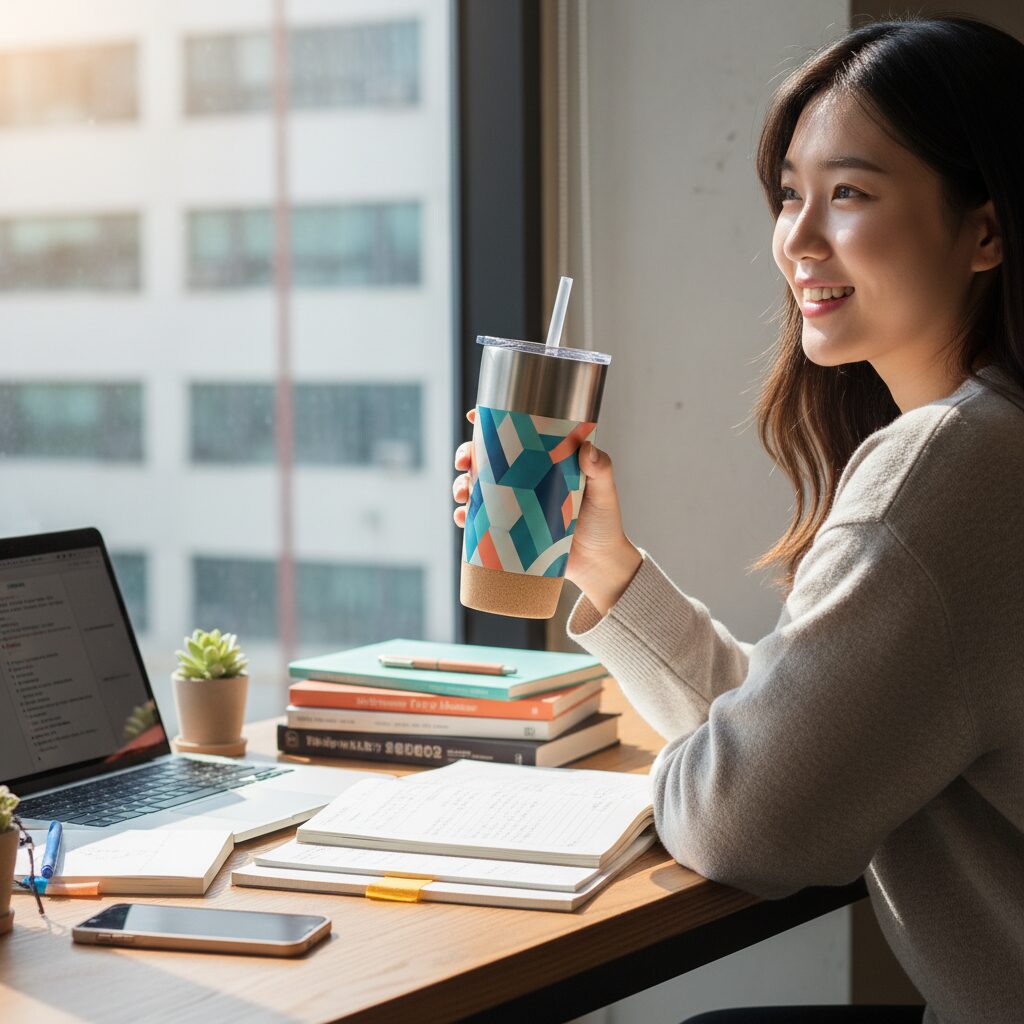 대학생이 책상 위에 놓인 개성 있는 텀블러를 들고 미소 짓는 모습