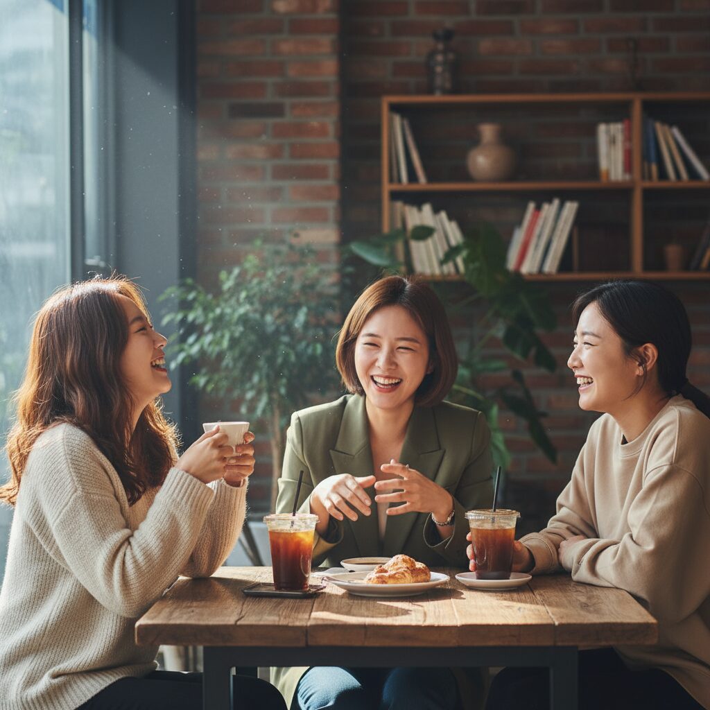카페에서 웃으며 대화를 나누는 여성들
