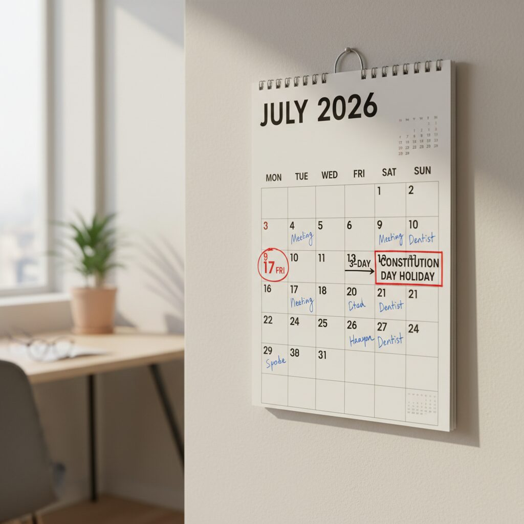 2026년 7월 달력에 표시된 제헌절 공휴일과 3일 연휴