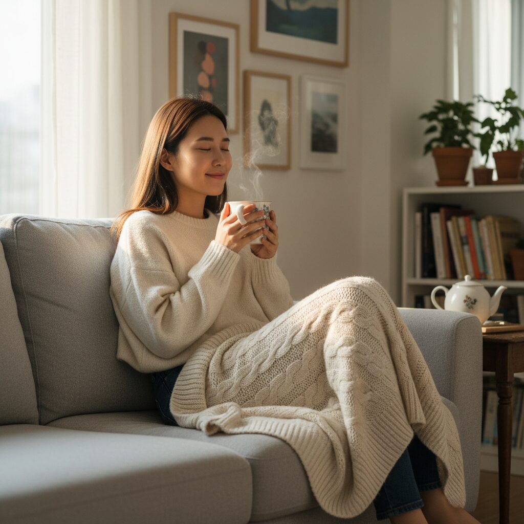 소파에 앉아 무릎담요를 덮고 따뜻한 차를 마시는 모습