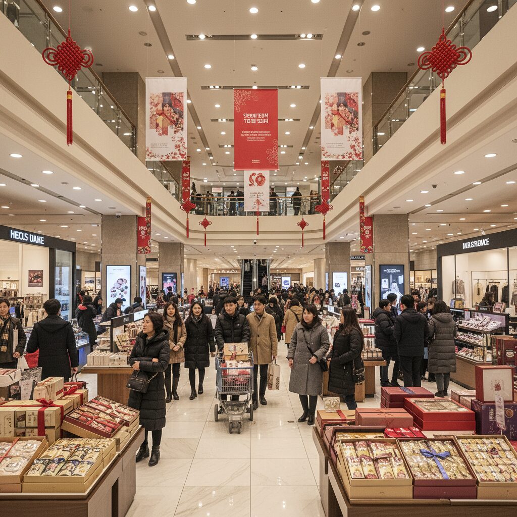 설날 연휴 전 백화점 내부 모습, 사람들이 쇼핑하는 모습