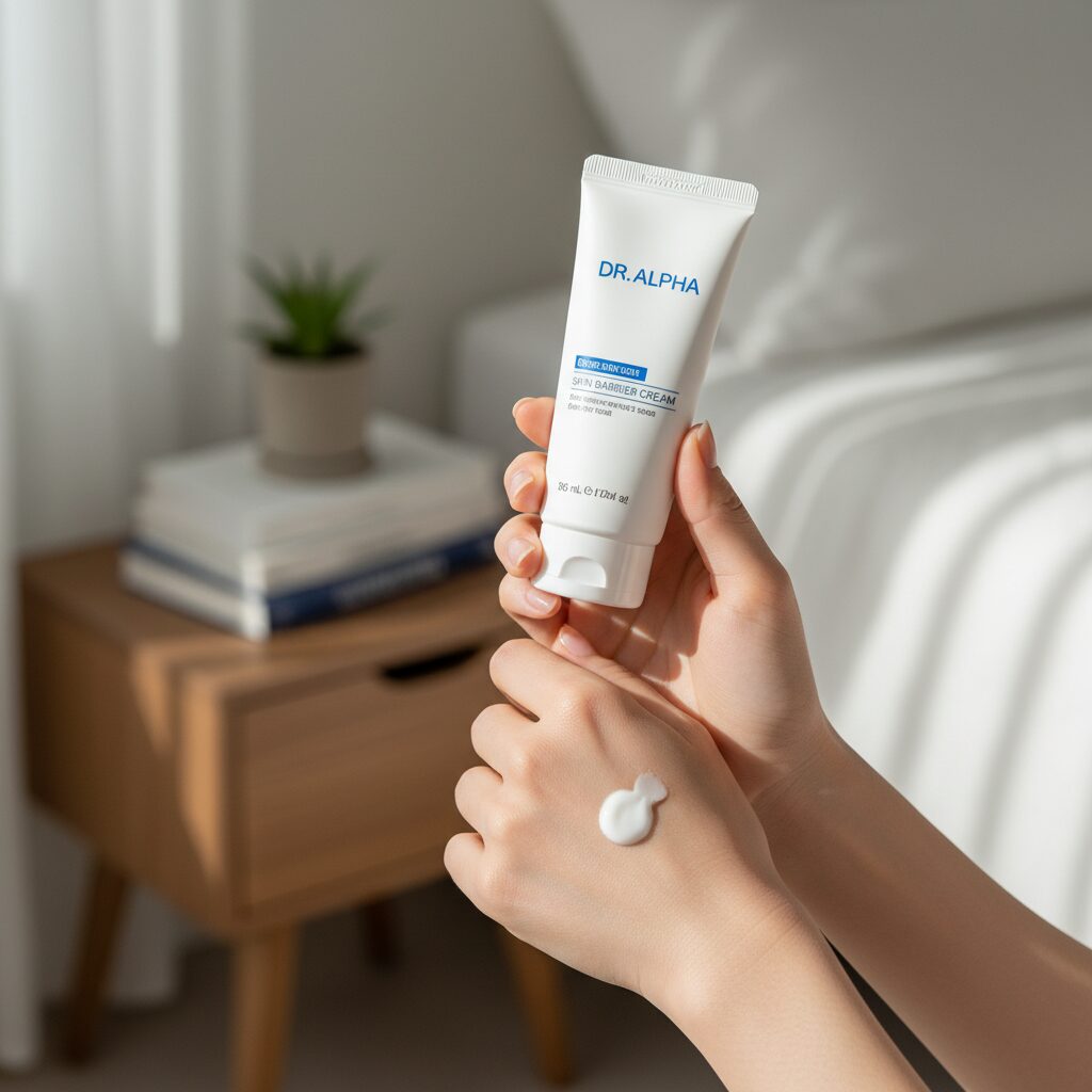 닥터알파 피부 장벽크림이 손에 올려져 있는 모습