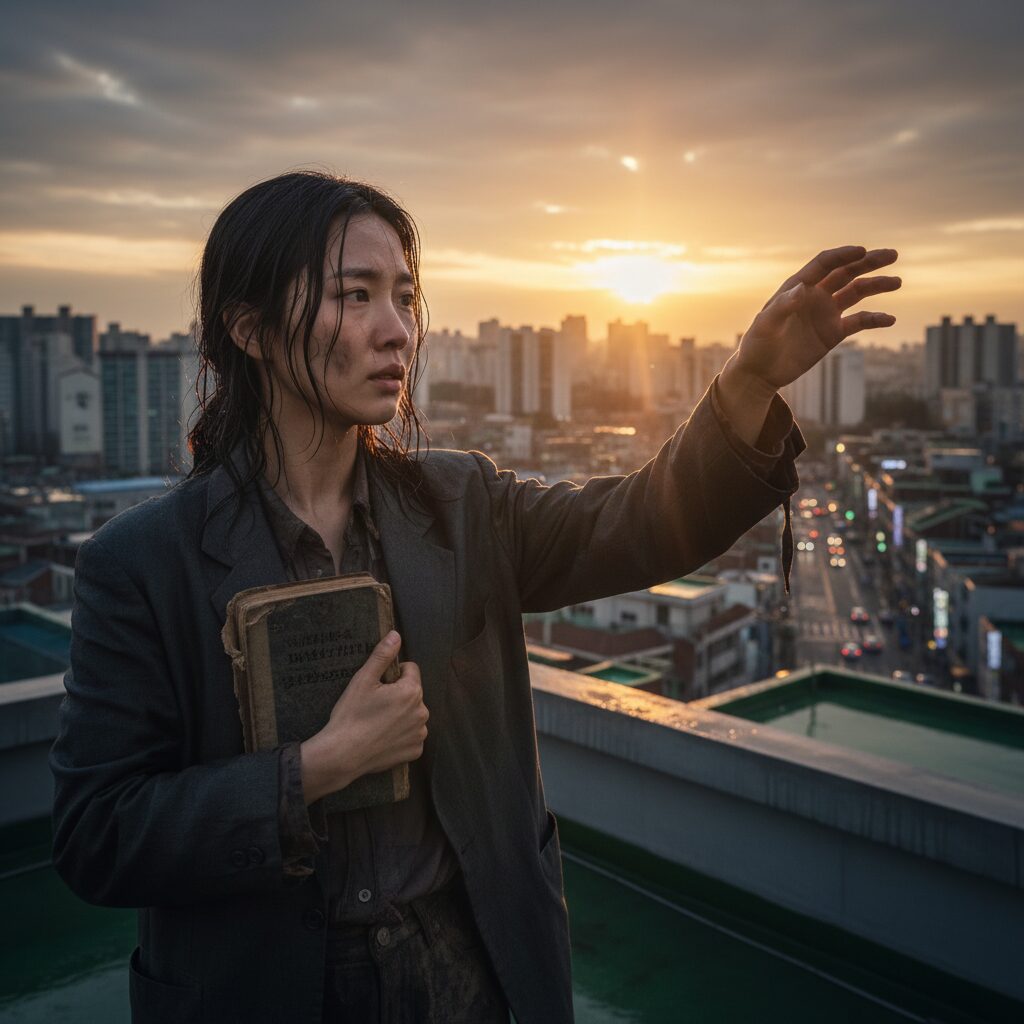 드라마 속 주인공이 어려움을 극복하며 성장하는 감동적인 장면