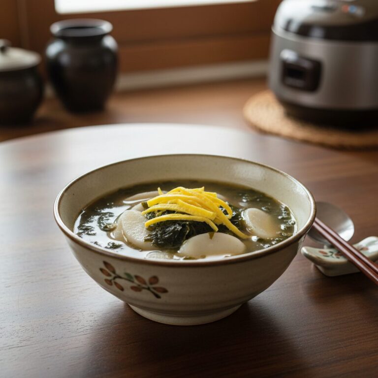 완제품 미역국에 떡을 넣어 끓인 떡국 그릇에 계란지단이 올라간 모습