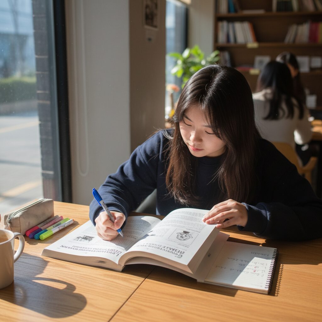 EBS 수능특강 문학 교재를 펼쳐놓고 필기하며 공부하는 모습