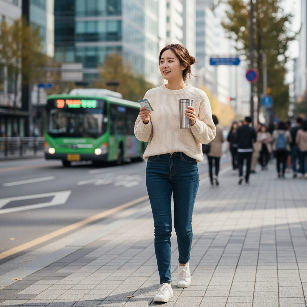 텀블러와 대중교통 카드를 들고 있는 여자의 일상적인 모습 이미지