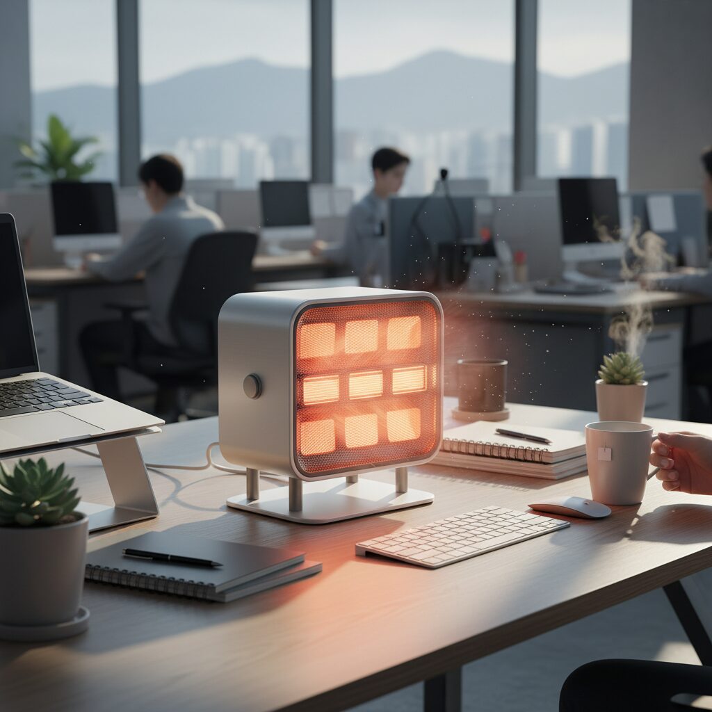 사무실 책상 위에 놓인 컴팩트한 오방난로 히터