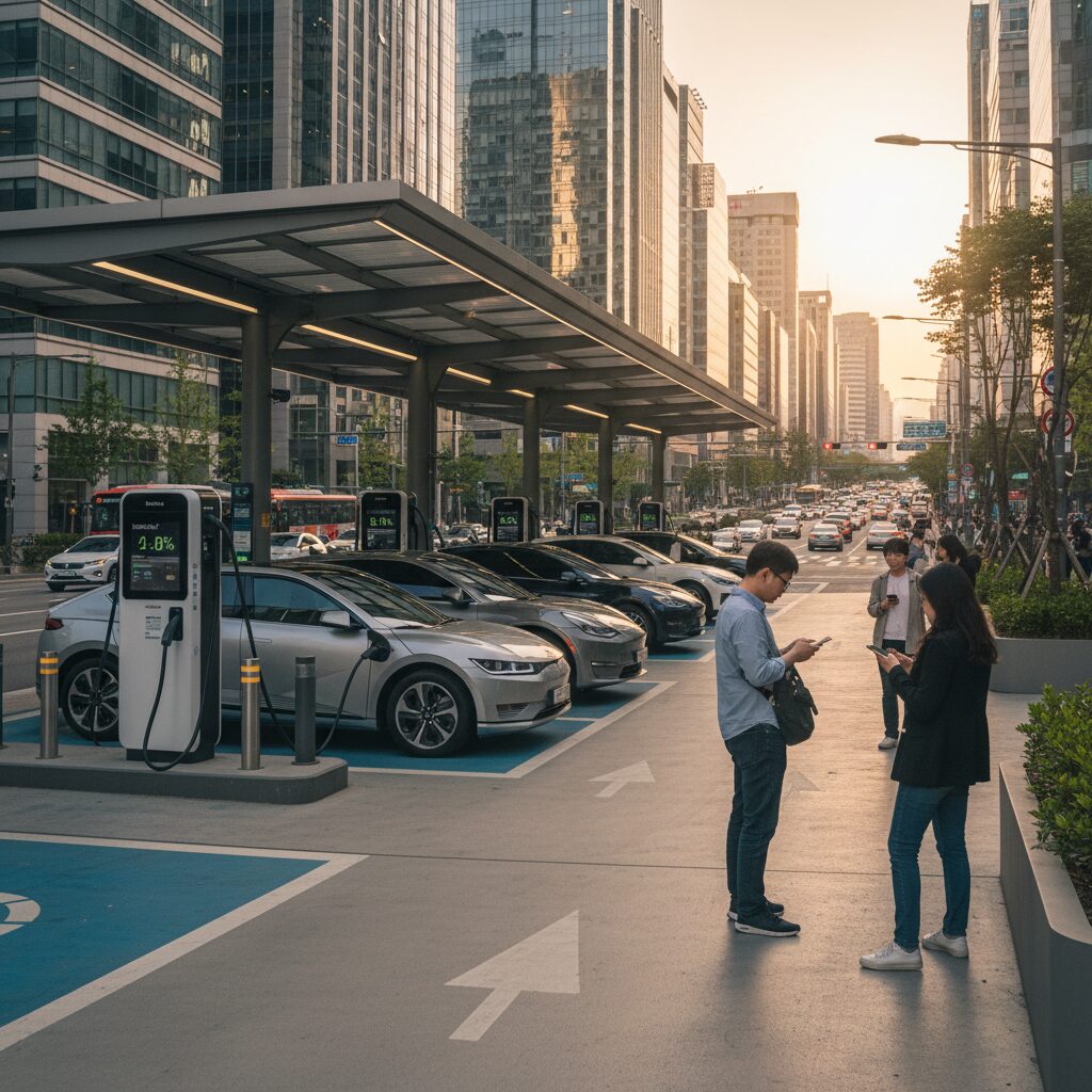 도시 한복판에 위치한 전기차 충전소의 모습, 여러 대의 차량이 대기 중인 모습