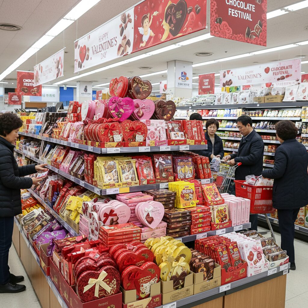 이마트 발렌타인데이 초콜릿 행사 매대에 다양한 제품들이 진열되어 있음
