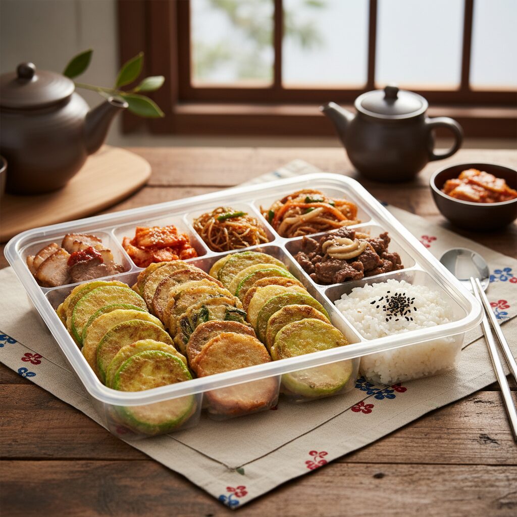 이마트24 풍성한 한가위정찬 도시락 사진, 모둠전과 다양한 반찬이 푸짐하게 담겨 있음