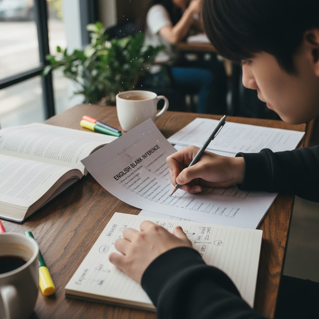 영어 빈칸 추론 문제를 풀고 오답을 분석하며 필기하는 손