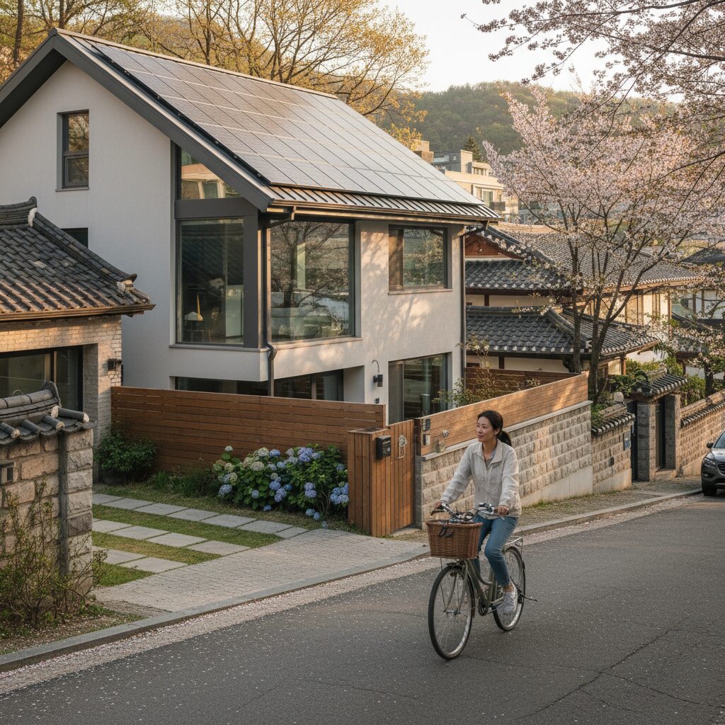태양광 패널이 설치된 집 앞에서 사람이 자전거를 타고 있는 모습