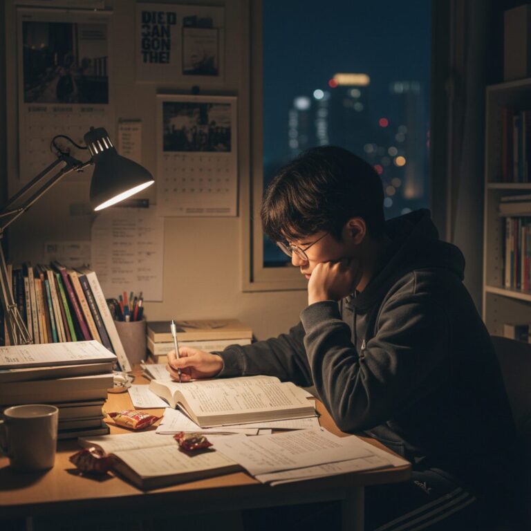 책상 앞에서 마지막까지 집중하여 공부하는 예비 수험생의 모습