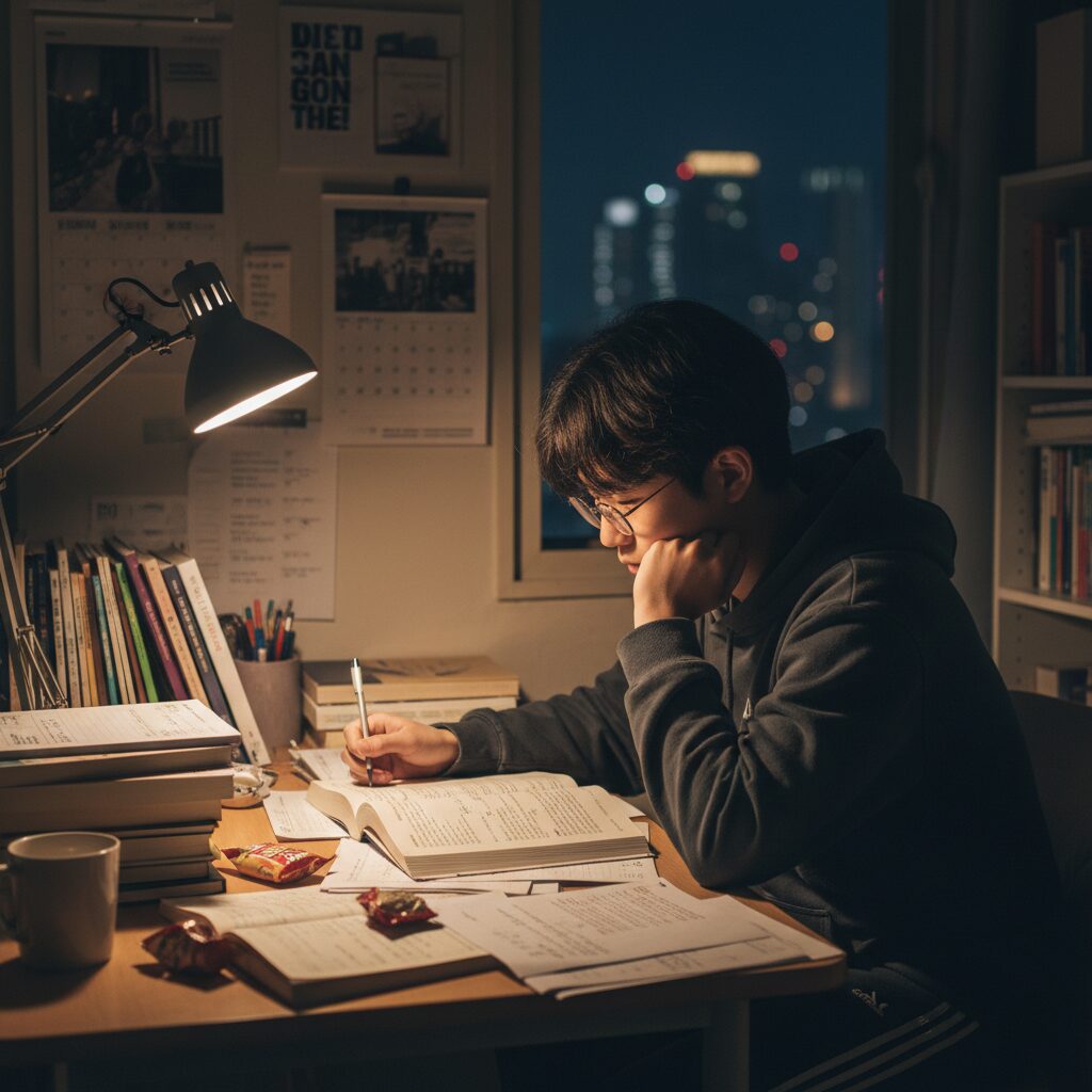 책상 앞에서 마지막까지 집중하여 공부하는 예비 수험생의 모습