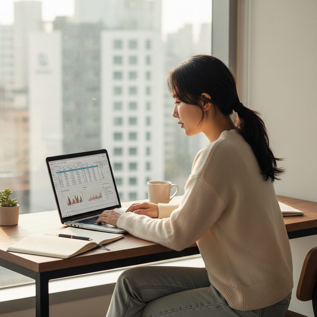 노트북으로 재정 계획을 세우는 젊은 여성