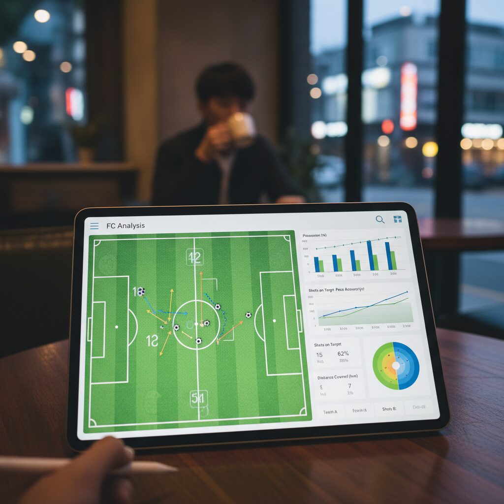 축구 경기 데이터와 그래프가 표시된 태블릿 PC