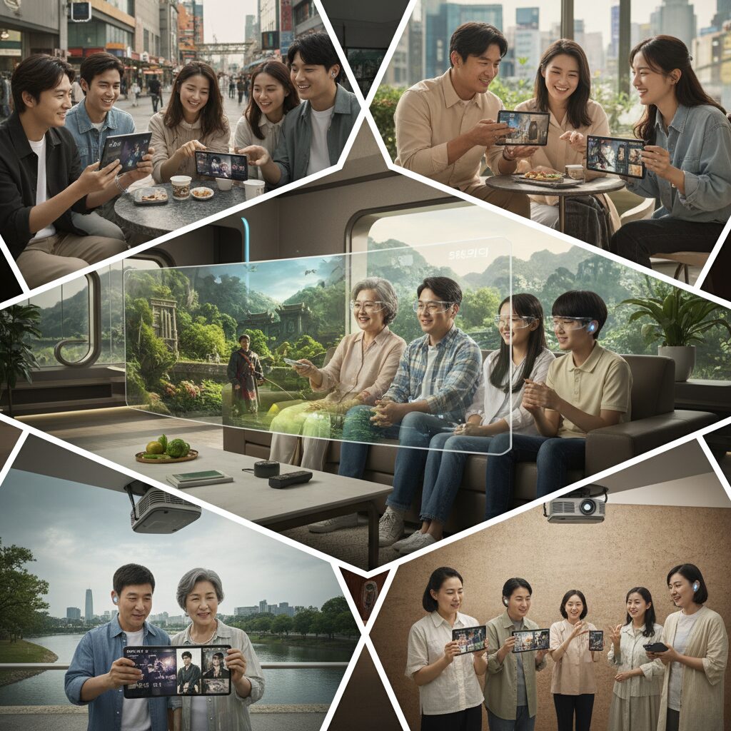 다양한 세대가 함께 즐길 수 있는 미래형 드라마 콘텐츠를 상상한 콜라주 이미지