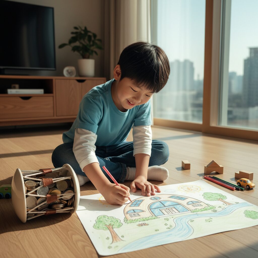 저금통과 함께 그려진 미래의 집 그림