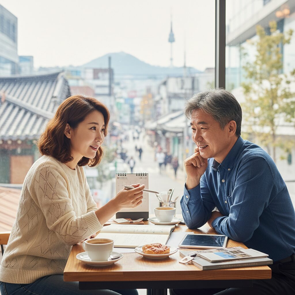 테이블에 앉아 미래 계획을 논의하는 중년 커플