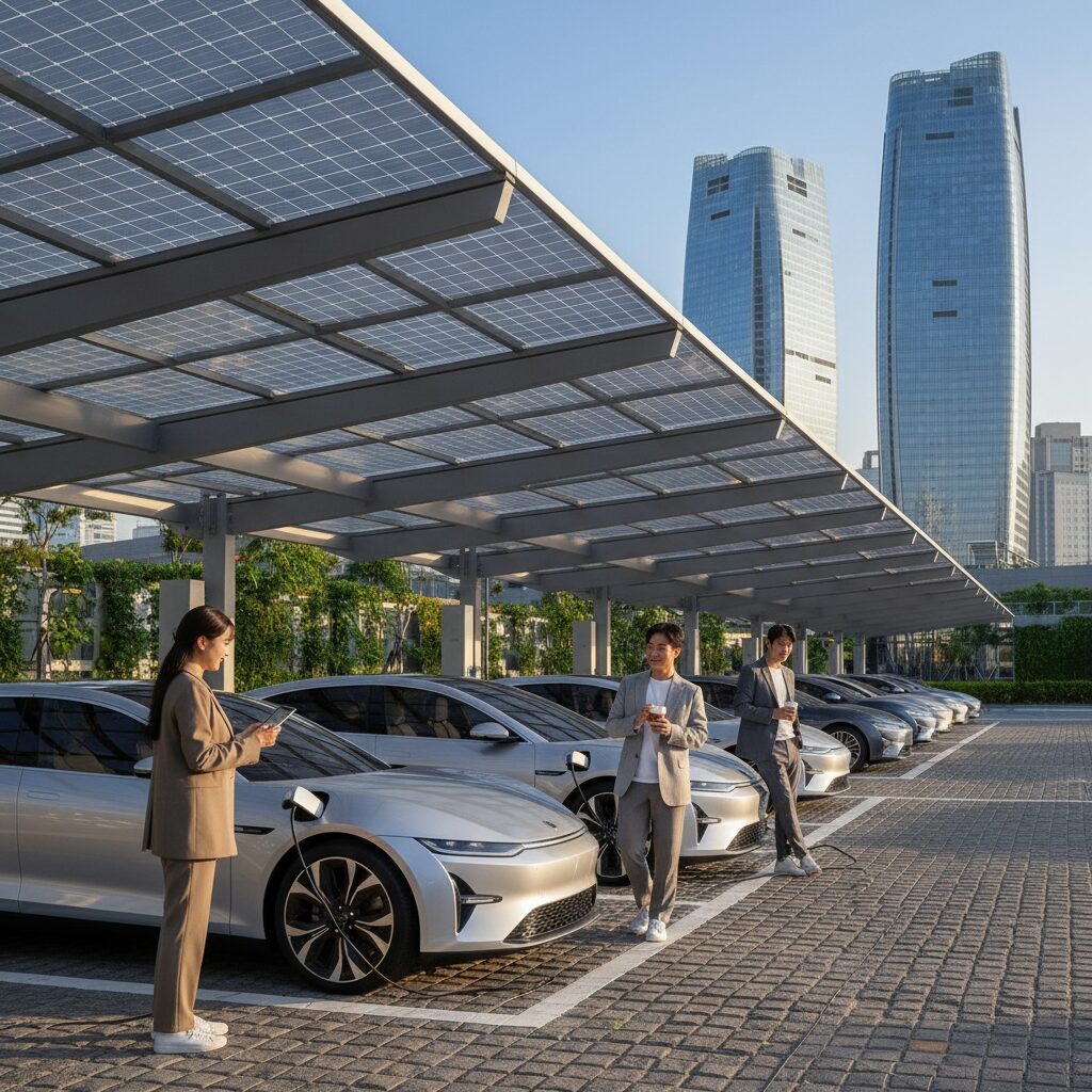 태양광 패널이 설치된 주차장에서 전기차가 충전되고 있는 미래지향적인 모습