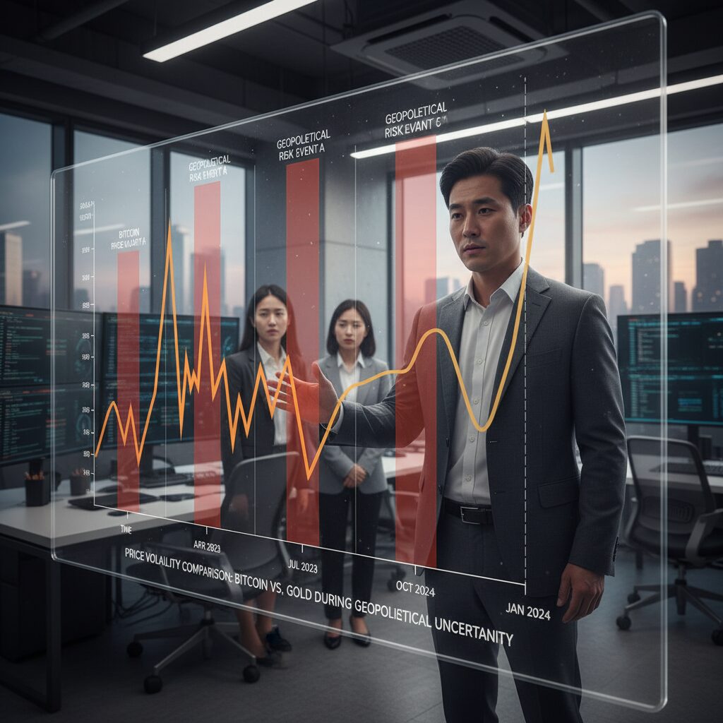 지정학적 리스크 발생 시 비트코인과 금 가격 변동성 비교 차트