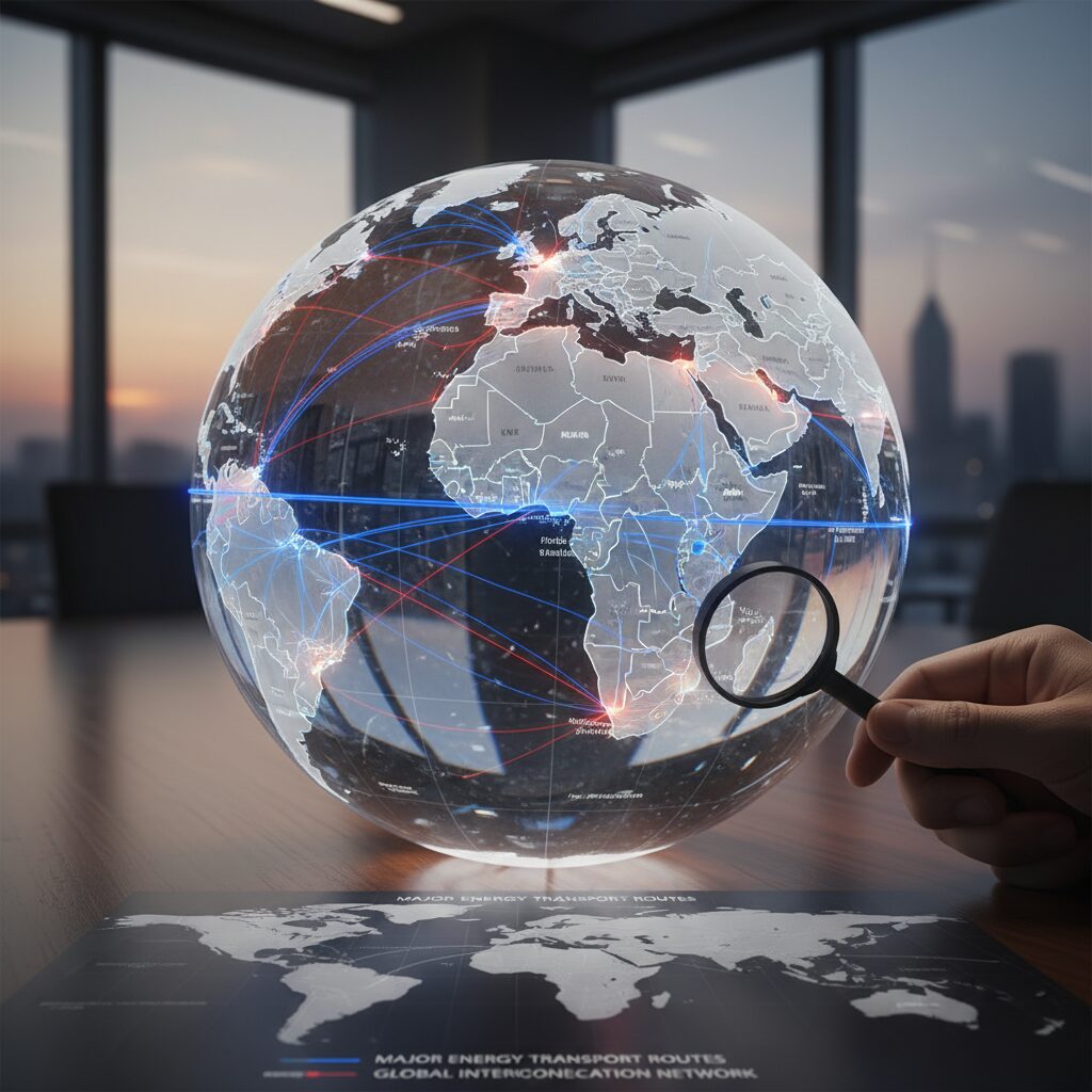 지구본 위에 주요 에너지 수송 경로와 국가 간 연결망이 표시된 개념도