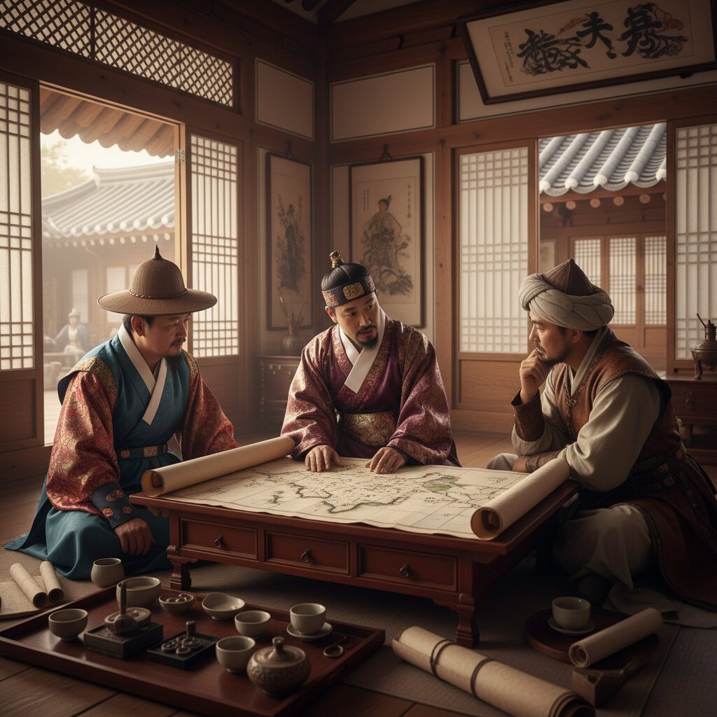고려 시대 외교관이 지도를 보며 다른 국가 사절과 이야기하는 모습