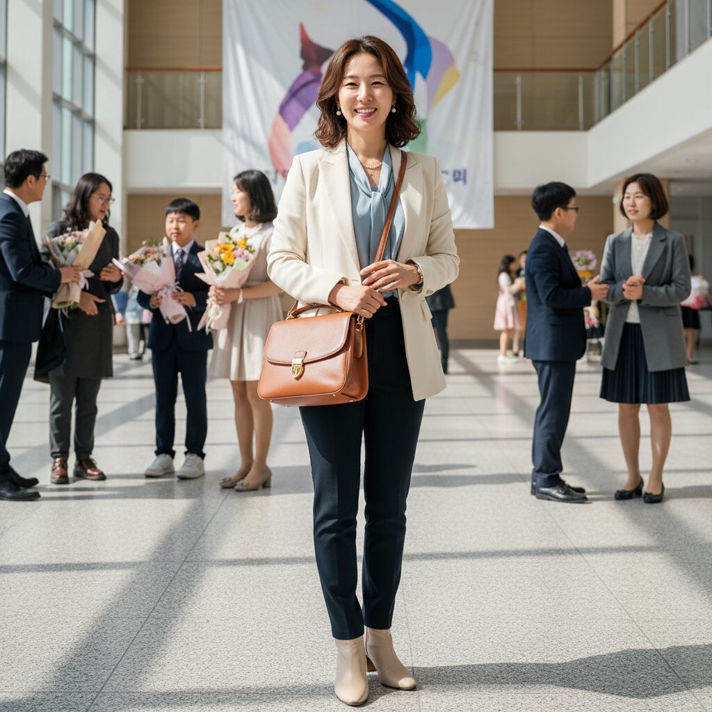 브라운 가죽 숄더백으로 완성한 초등 졸업식 엄마 코디