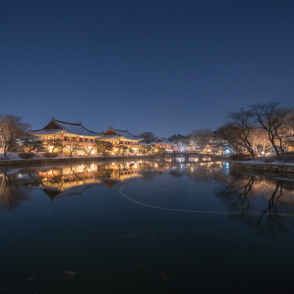 겨울밤 경주 동궁과 월지 야경 조명이 반사된 연못
